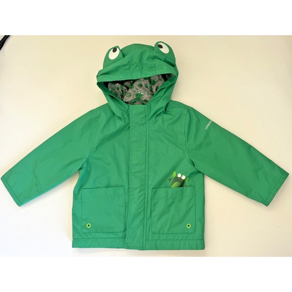 London Fog Rain Jacket Green Frog Hooded Rainslicker Toddler Size 24M